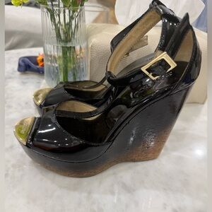 Jimmy Choo Black and Gold Wedge Sandals